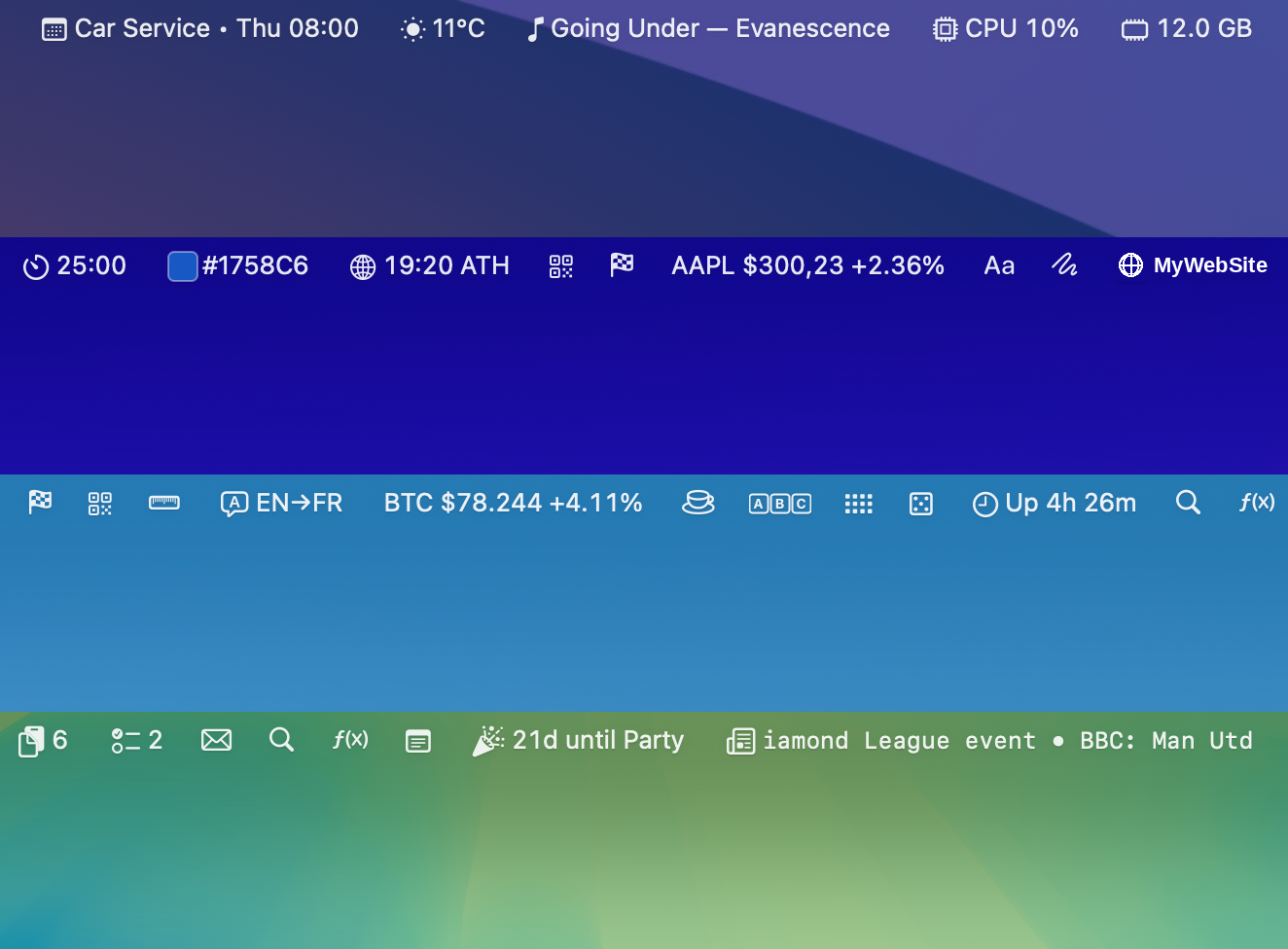 A collage of Barista menu-bar rows packed with widgets, clock, weather, stocks, calendar, network, news, battery and more.