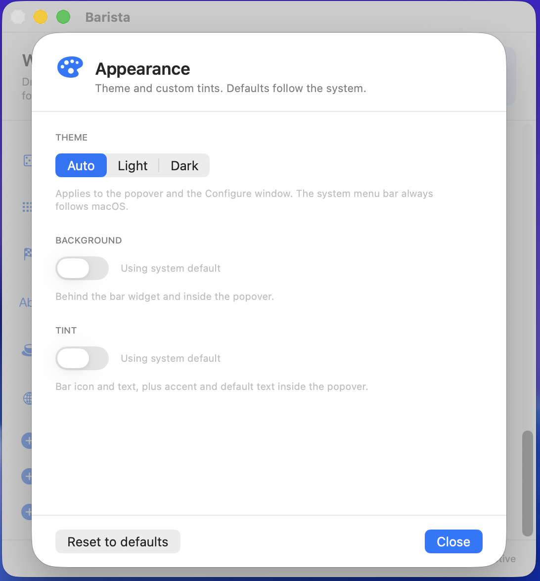 Appearance panel, Auto/Light/Dark theme picker with Background and Tint toggles, each defaulting to 'Using system default'.