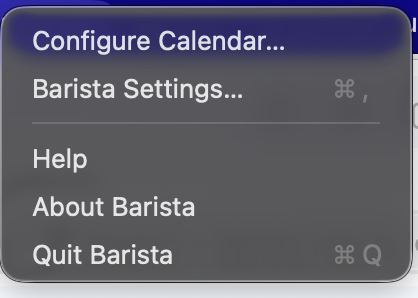 Right-click context menu on a Barista widget, Configure Calendar, Barista Settings, Help, About Barista, Quit Barista.