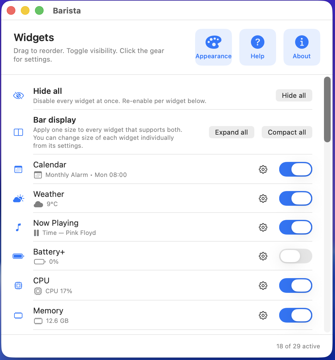 Dashboard showing widget rows, each with a gear icon and a visibility toggle, plus the Hide all and Bar display sections at the top.