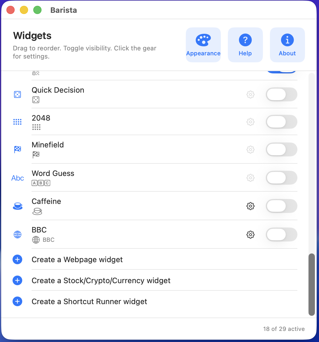 The widget list grouped into Productivity, Information, Utilities, System and Games, with meta-widget rows ending in a + button to add another.