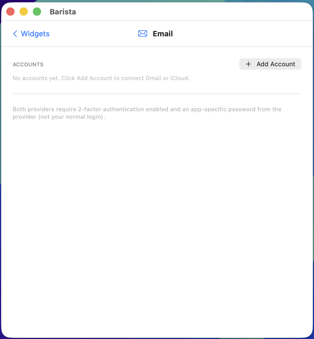 Email widget settings, Accounts section is empty, with a + Add Account button on the right.
