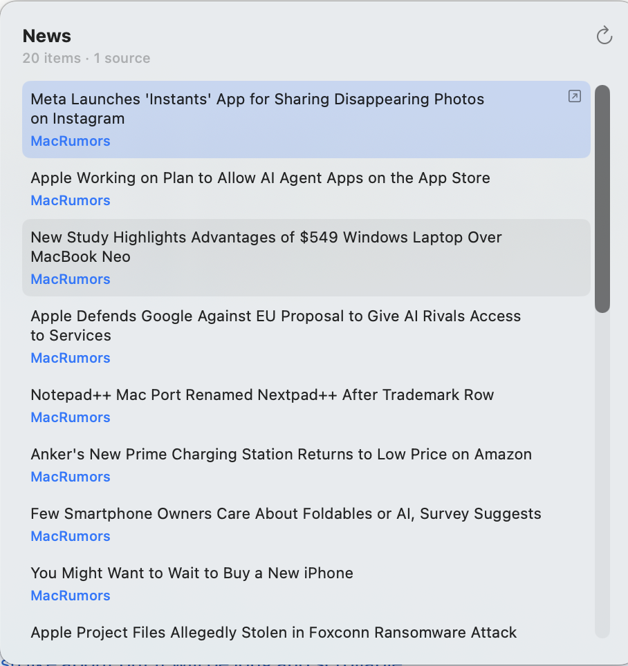 News widget popover with the second headline highlighted in accent colour, indicating keyboard focus.