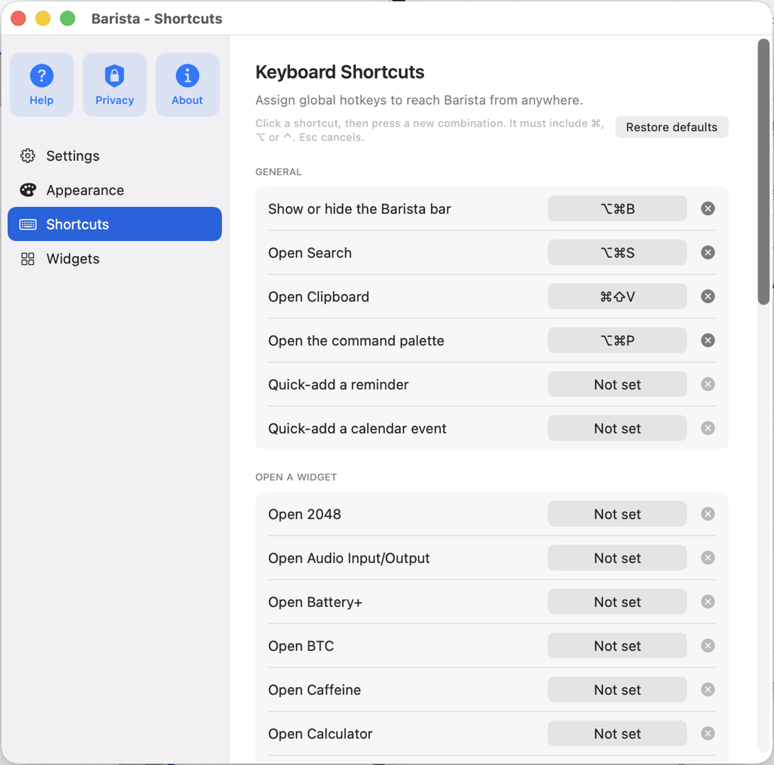 Barista Settings with Shortcuts selected: Restore defaults at the top, the General shortcuts for the Barista bar, Search, Clipboard, the command palette and quick-add reminder and event, each with a clear button, and the Open a widget list below.