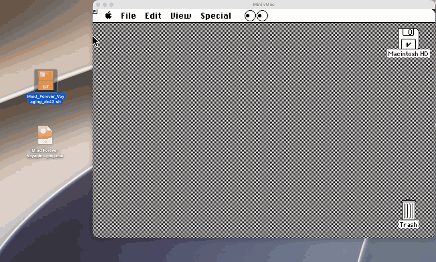 The .sit and the converted .dsk on the Mac desktop. The .dsk is dragged onto the Mini vMac window, mounts as AMFV Disk, and opens to show A Mind Forever Voyaging and a System Folder.