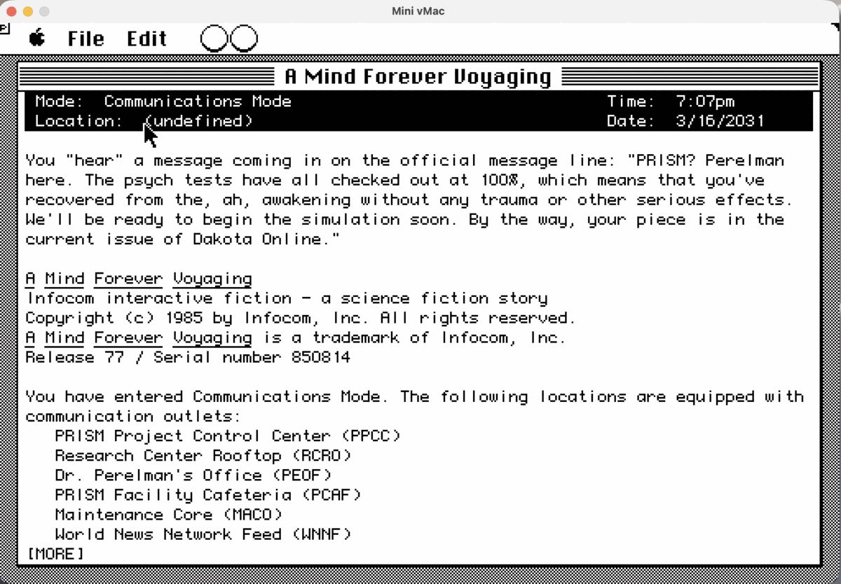 A Mind Forever Voyaging running in Mini vMac, showing the opening text in Communications Mode.