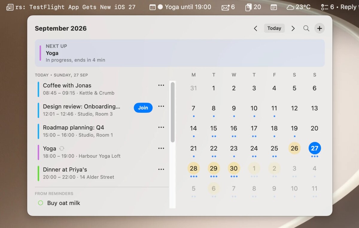 The Barista calendar in its horizontal layout: the Next up card on top, the day's events and reminders on the left, and the month grid on the right