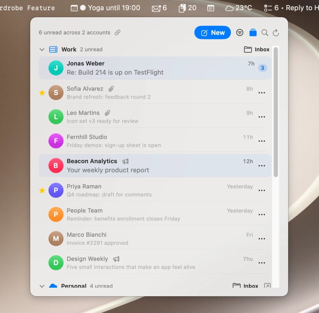 The Barista email widget in 1.1: messages from two accounts, with unread messages on a tinted row