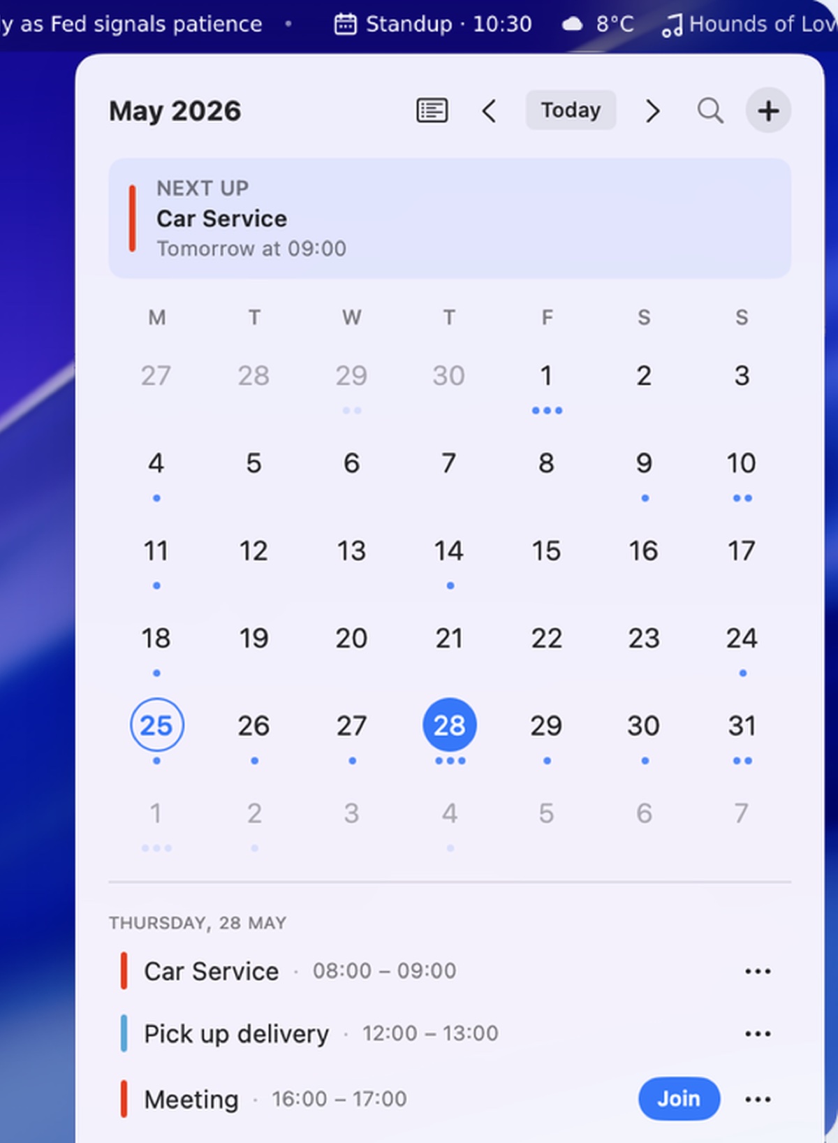 The Barista calendar widget: a month grid with event dots, a "Next up" card, and the day's agenda with a Join button for a video call