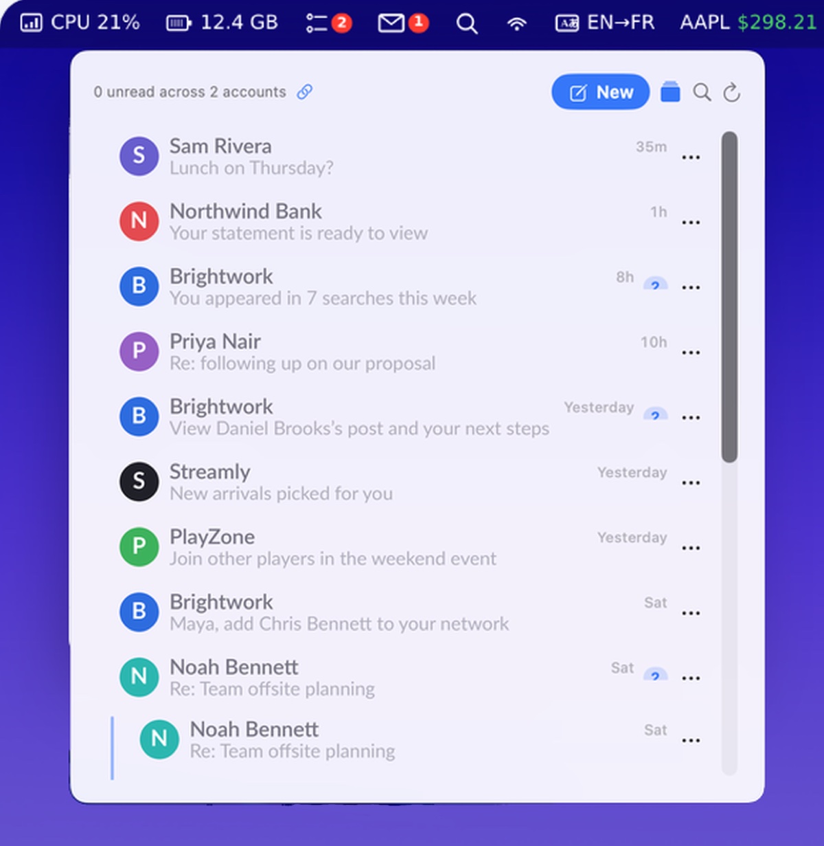 The Barista email widget: a list of messages across two accounts, with a New button, search and refresh